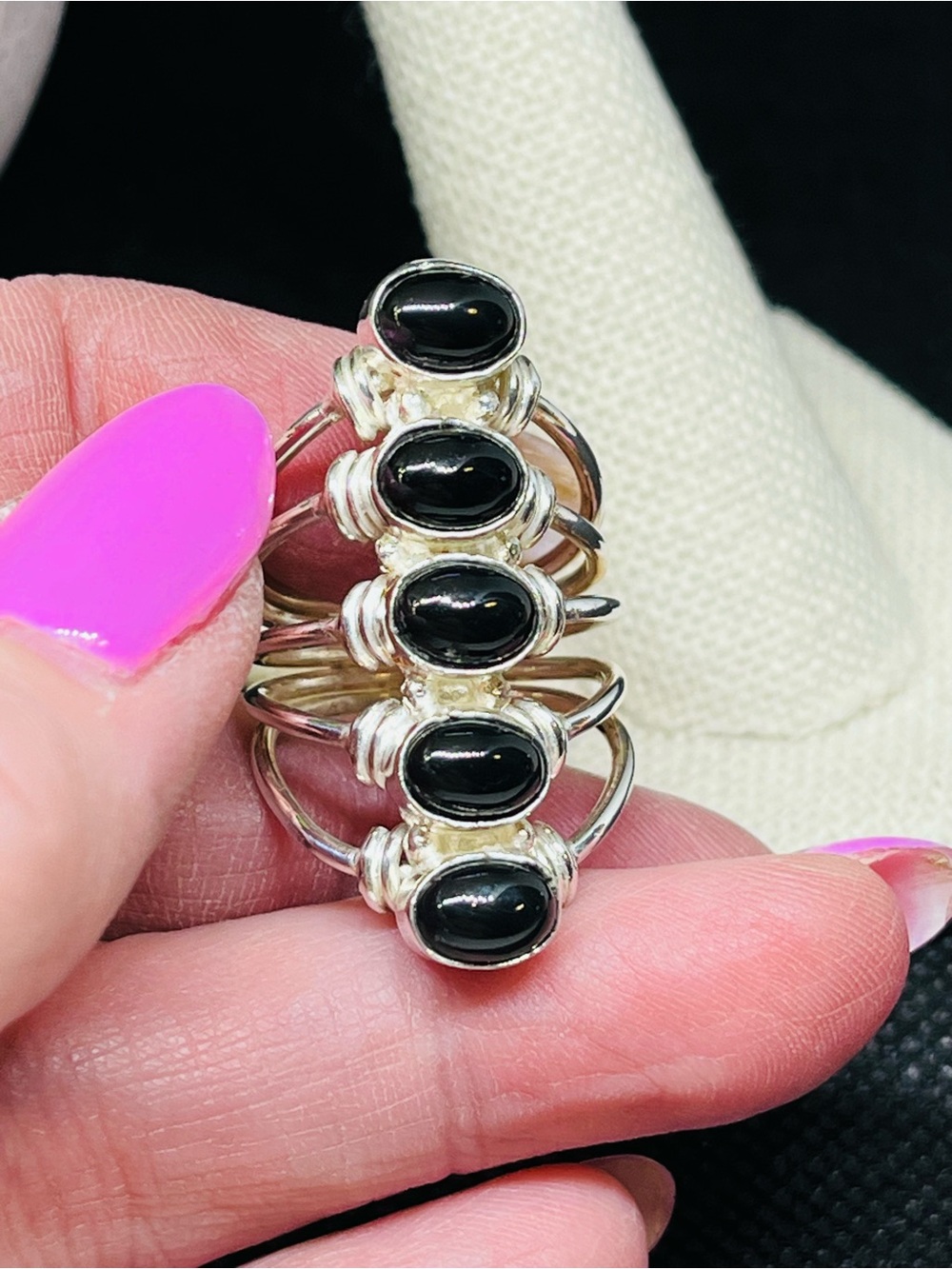 Stackable Sterling Rings with Black Onyx Cabochons - Set of 5